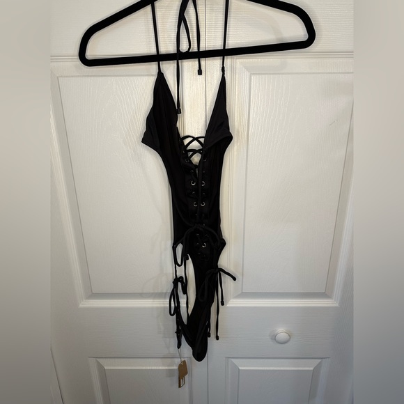 SKIMS Recycled Swim Lace-up Monokini Sz.XS (will fit small) Ochre Cocoa & Onyx - Picture 11 of 16